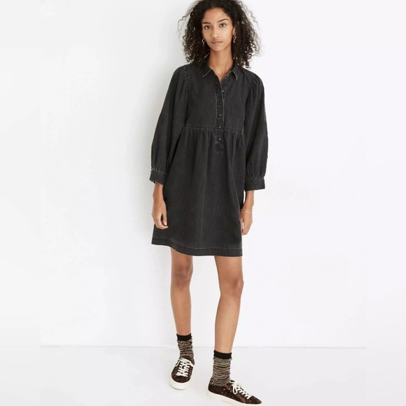 Madewell Denim Babydoll Button Front Shirtdress in Washed Black Size Medium Boho - Picture 5 of 12